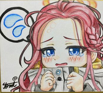 1girl absurdres blue_archive blue_eyes commentary_request flying_sweatdrops forehead halo highres jacket long_hair red_hair shikishi solo speech_bubble spoken_flying_sweatdrops tomimon traditional_media yellow_halo yuzu_(blue_archive)