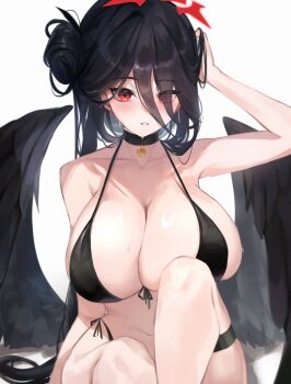 1girl absurdres arm_at_side arm_up bare_shoulders bikini black_bikini black_choker black_hair black_wings blue_archive blush breasts choker collarbone cross_halo crossed_legs feathered_wings front-tie_bikini_top front-tie_top hair_between_eyes hair_bun hair_lift halo hand_in_own_hair hasumi_(blue_archive) hasumi_(swimsuit)_(blue_archive) highleg highleg_bikini highres holding_own_hair huge_breasts kim_duduk long_hair long_hair_between_eyes looking_at_viewer loosely_tucked_bangs low_wings navel official_alternate_costume official_alternate_hairstyle oversized_wings red_eyes red_halo side-tie_bikini_bottom simple_background single_hair_bun sitting solo swimsuit thigh_strap white_background wings