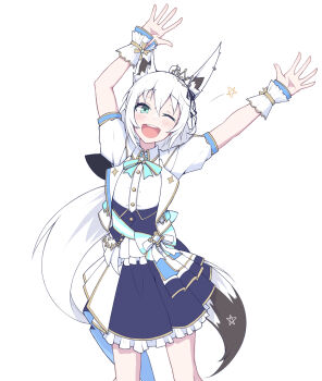 1girl ;d animal_ear_fluff animal_ear_piercing animal_ears arm_up back_bow black_ribbon blue_bow blue_bowtie blue_eyes blue_skirt blush bow bowtie braid corset dancing double-parted_bangs eihire fox_ears fox_girl fox_tail frilled_skirt frilled_wrist_cuffs frills hair_between_eyes hair_ribbon hashtag-only_commentary highres hololive hololive_idol_uniform_(bright) idol_clothes jacket layered_skirt long_hair looking_at_viewer low_ponytail official_alternate_costume one_eye_closed open_mouth overskirt ponytail puffy_short_sleeves puffy_sleeves ribbon sash shirakami_fubuki shirt short-sleeved_jacket short_sleeves side_braid simple_background skirt smile solo tail teeth underbust upper_teeth_only virtual_youtuber waist_bow white_background white_hair white_jacket white_shirt white_skirt wrist_cuffs