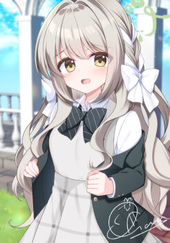 1girl black_bow black_jacket blazer blue_archive blue_bow blue_bowtie blush bow bowtie braid breasts collared_shirt commentary_request dress_shirt green_halo grey_hair grey_skirt hair_between_eyes hair_bow hair_intakes hair_ribbon halo jacket long_hair long_sleeves looking_at_viewer medium_breasts medium_skirt miyo_(blue_archive) open_clothes open_jacket open_mouth outdoors plaid_clothes plaid_skirt pleated_skirt ribbon ribbon_braid sagiri_neon school_uniform shirt skirt solo very_long_hair wavy_hair white_bow white_ribbon white_shirt yellow_eyes