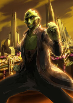 1boy alien black_sclera blz city clenched_hands colored_sclera colored_skin drell fighting_stance green_skin jacket male_focus mass_effect_(series) mass_effect_2 outdoors sky solo thane_krios