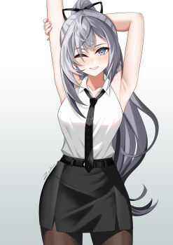 1girl :d absurdres armpits arms_up belt black_necktie black_ribbon black_skirt blue_eyes blush breasts brown_pantyhose collared_shirt cowboy_shot grey_hair grin hair_ribbon highres hololive long_hair looking_at_viewer medium_breasts necktie one_eye_closed open_mouth pantyhose parted_lips ponytail ribbon shirt signature skirt sleeveless sleeveless_shirt smile solo stretching very_long_hair vestia_zeta white_shirt wing_collar zedxxx