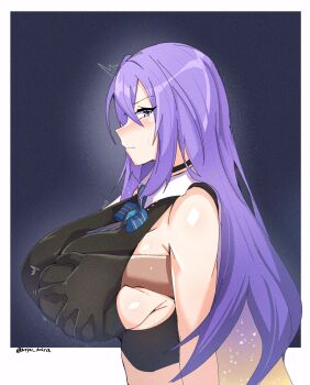 1girl 1other absurdres arm_at_side artist_name bare_shoulders black_choker black_shirt blonde_hair blue_background blue_bow blue_bowtie border bow bowtie breasts choker closed_mouth colored_inner_hair commentary contrast_collar crop_top dark_skin disembodied_hand english_commentary from_side grabbing_another&#039;s_breast grabbing_from_behind gradient_hair groping hair_between_eyes hand_under_clothes highres hololive hololive_indonesia huge_breasts long_bangs long_hair moona_hoshinova moona_hoshinova_(1st_costume) multicolored_eyes multicolored_hair myumi outside_border purple_eyes purple_hair shiny_skin shirt sideboob sidelocks sideways_glance sleeveless sleeveless_shirt solo_focus starry_hair sweatdrop twitching twitter_username two-tone_eyes two-tone_hair very_long_hair virtual_youtuber white_border wing_collar yellow_eyes