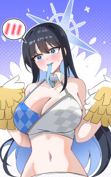 1girl absurdres alternate_costume blue_archive blue_eyes blue_halo breasts cheerleader cleavage colored_inner_hair crop_top erum_4066 halo highres holding holding_pom_poms large_breasts long_hair looking_at_viewer midriff millennium_cheerleader_outfit_(blue_archive) multicolored_hair pom_pom_(cheerleading) pom_poms saori_(blue_archive) sports_bra two-tone_sports_bra