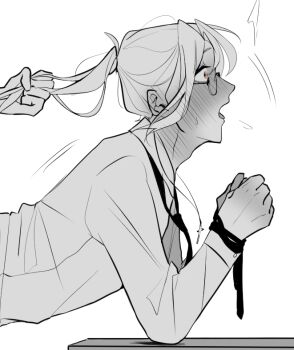 1boy 1girl blush bound bound_wrists commentary degrees_of_lewdity desk doggystyle ear_blush english_commentary femdom from_side glasses grabbing_another&#039;s_hair greyscale hand_in_another&#039;s_hair hetero holding_another&#039;s_hair implied_pegging implied_sex long_sleeves male_focus monochrome mothinabottle necktie open_mouth orange_eyes out_of_frame pegging sex sex_from_behind shirt simple_background solo_focus spot_color sweat sydney_(degrees_of_lewdity) sydney_(male)_(degrees_of_lewdity) wide-eyed