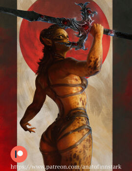 Rule 34 | 1girl, anato finnstark, ass, baldur's gate, baldur's gate 3, brown hair, colored skin, dungeons & dragons, dungeons &amp; dragons, from behind, gith (d&amp;d), greatsword, harness, highres, holding, holding sword, holding weapon, lae'zel, orange eyes, orange skin, pointy ears, realistic, solo, sword, weapon