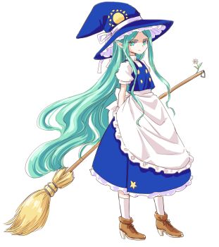 1girl alternate_costume apron blue_hat blue_skirt blue_vest boots broom brown_boots closed_mouth cosplay floating_hair flower frilled_apron frills green_eyes green_hair hat high_heel_boots high_heels holding holding_broom kirisame_marisa kirisame_marisa_(cosplay) kneehighs long_hair looking_at_viewer mima_(touhou) mima_(touhou)_(living) petticoat pointy_ears puffy_short_sleeves puffy_sleeves ribbon s-a-murai short_sleeves simple_background skirt socks star_(symbol) star_print sun_print touhou touhou_(pc-98) very_long_hair vest white_background white_flower white_ribbon white_socks witch witch_hat