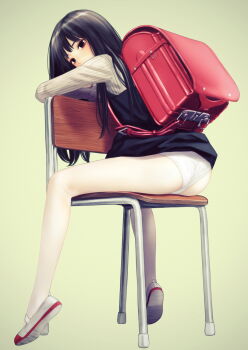 1girl ass backpack bag black_eyes black_hair blood_alone chair clothes_lift commentary_request dress dress_lift full_body highres looking_at_viewer misaki_minato panties panties_under_pantyhose pantyhose randoseru shoes sitting solo takano_masayuki underwear uwabaki white_panties white_pantyhose