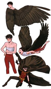 2boys alternate_universe batman_(series) belt belt_pouch black_hair blue_eyes brown_cape brown_gloves brown_pants brown_wings cape chest_sarashi commentary dc_comics dick_grayson domino_mask dual_persona english_commentary eye_mask feathered_wings flying gloves highres male_focus marski mask multiple_boys pants pouch robin_(dc) sarashi smile superhero_costume wings