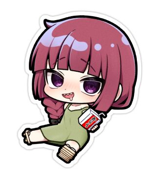 1girl black_bow blunt_bangs blush bocchi_the_rock! bow braid carton chibi chibi_only commentary_request dress drinking_straw drooling full_body geta green_dress hair_bow hiroi_kikuri holding_carton korean_commentary long_hair nose_blush open_mouth outline purple_eyes red_hair saliva sharp_teeth simple_background single_braid smile solo teeth translation_request tyjang upper_teeth_only white_background white_outline