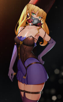 1girl absurdres bare_shoulders blonde_hair breasts choker cleavage code_vein collarbone cowboy_shot elbow_gloves female_focus fur_hat gas_mask gloves green_eyes hand_on_own_hip hat highres long_hair looking_at_viewer mask masked mia_karnstein northman revenant small_breasts solo strap_slip thick_thighs thighhighs thighs twintails wide_hips zipper zipper_pull_tab