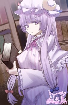 1girl blue_bow blunt_bangs book bookshelf bow breasts closed_mouth commentary covered_erect_nipples crescent crescent_hat_ornament dress frown hair_bow hat hat_ornament holding holding_book long_hair long_sleeves looking_at_viewer medium_breasts mob_cap multiple_hair_bows neck_ribbon patchouli_knowledge pink_ribbon purple_dress purple_eyes purple_hair red_bow ribbon signature solo striped_clothes striped_dress symbol-only_commentary touhou upper_body usaka_ray vertical-striped_clothes vertical-striped_dress very_long_hair white_hat