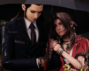 1boy 1girl 3d aerith_gainsborough belt bindi black_hair bracelet braid brown_hair choker closed_eyes dress earrings final_fantasy final_fantasy_vii final_fantasy_vii_remake flower flower_basket formal_clothes gloves green_eyes highres jacket jewelry lily_(flower) long_hair pink_dress rain red_jacket ria-neearts ribbon square_enix straight_hair suit tseng turks umbrella wavy_hair yellow_flower