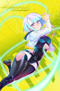 1girl aqua_hair artist_name belt black_belt black_boots black_leotard black_thighhighs blue_eyes blunt_bangs boots breasts clothing_cutout copyright_name cropped_jacket cyberpunk:_edgerunners cyberpunk_(series) eyeliner fleesveon floating foot_out_of_frame grey_hair highres holding holding_string hood hood_down hooded_jacket jacket leotard lucy_(cyberpunk) makeup medium_breasts multicolored_hair parted_bangs parted_lips red_eyeliner short_hair solo string thigh_cutout thighhighs white_jacket