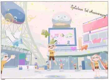 4boys 6+girls anniversary arms_up black_shorts blue_hair border callie_(splatoon) callie_(squid_sisters_outfit)_(splatoon) confetti full_body green_hair inkling_(language) inkling_boy inkling_girl inkling_player_character judd_(splatoon) marie_(splatoon) marie_(squid_sisters_outfit)_(splatoon) memi_(gamemix) multiple_boys multiple_girls nintendo open_mouth pink_hair pointy_ears purple_hair screen shirt shorts signature splatoon_(series) splatoon_1 spyke_(splatoon) tentacle_hair waving weapon_request white_border yellow_shirt zapfish