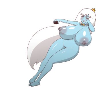 1girl adventure_time blue_skin breasts colored_skin completely_nude feet female_focus full_body highres huge_breasts ice_queen_(adventure_time) jewelry looking_at_viewer matching_hair/eyes mike_inel nail_polish necklace nude pussy remote solo tiara uncensored white_eyes white_hair