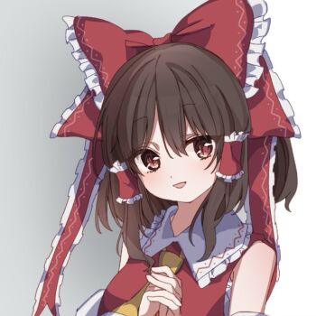 Rule 34 | 1girl, ascot, bow, brown hair, chest sarashi, commentary request, frilled bow, frilled hair tubes, frills, hair bow, hair tubes, hakurei reimu, hayuk0, highres, interlocked fingers, long hair, looking at viewer, open mouth, own hands together, red bow, red eyes, sarashi, smile, solo, touhou, yellow ascot