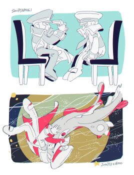 Rule 34 | 2boys, chair, collared coat, commentary request, eelektross, emmet (pokemon), gen 5 pokemon, gun to head, hat, highres, imminent suicide, ingo (pokemon), kari (user grrs8577), male focus, moon, multiple boys, multiple views, nintendo, pants, peaked cap, pokemon, pokemon (creature), pokemon bw, siblings, sitting, twins, underwater