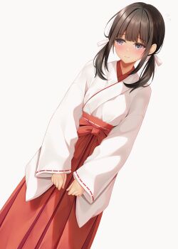 1girl blue_eyes blush bow brown_hair closed_mouth commentary_request dutch_angle flying_sweatdrops grey_background hair_bow hakama hakama_skirt highres japanese_clothes kimono long_hair long_sleeves looking_to_the_side low_twintails miko minato_ojitan original red_hakama ribbon-trimmed_sleeves ribbon_trim simple_background skirt sleeves_past_wrists solo tan twintails white_bow white_kimono wide_sleeves