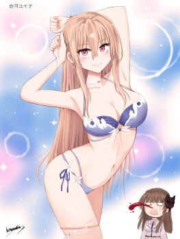 2girls arched_back armpits arms_up artist_name bikini blonde_hair blood blue_bikini blush breasts brown_hair chibi chibi_inset choker cleavage closed_mouth collarbone earrings fox_mask hair_between_eyes hair_ornament heaven_burns_red highres jewelry kiryuu_miya large_breasts long_hair looking_at_viewer mask mask_on_head medium_breasts multiple_girls navel niwatori_kokezou nosebleed official_alternate_costume open_mouth pink_eyes red_eyes shirakawa_yuina side-tie_bikini_bottom signature smile solo_focus swimsuit