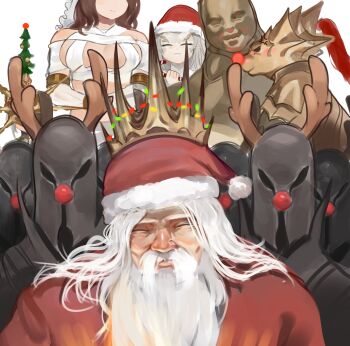 Rule 34 | 2girls, 4boys, 6+others, :3, alternate costume, anger vein, antlers, beard, black knight (dark souls), breasts, brown hair, christmas, christmas tree hat, closed eyes, closed mouth, commentary, cosplay, crown, dark souls (series), dark souls i, dark sun gwyndolin, deer antlers, dokomon, dragon slayer ornstein, executioner smough, facial hair, fake antlers, father and child, father and daughter, father and son, fur-trimmed headwear, fur trim, grey hair, gwyn lord of sunlight, hat, head out of frame, helmet, highres, horns, knight, large breasts, long hair, multiple boys, multiple girls, multiple others, mustache, old, old man, parent and child, pom pom (clothes), priscilla the crossbreed, queen of sunlight gwynevere, red hat, red nose, rudolph the red nosed reindeer, rudolph the red nosed reindeer (cosplay), santa costume, santa hat, simple background, smile, upper body, white background, white facial hair
