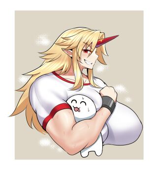 1girl 1other ^_^ absurdres altronage artist_self-insert blonde_hair blush breast_smother breasts brown_background closed_eyes commentary cuffs english_commentary face_to_breasts fang grin highres horns hoshiguma_yuugi huge_breasts licking long_hair muscular muscular_female oni pointy_ears profile red_eyes red_horns shirt short_sleeves sidelocks simple_background single_horn smell smile steaming_body sweat teeth textless_version tongue tongue_out touhou upper_body very_long_hair white_shirt