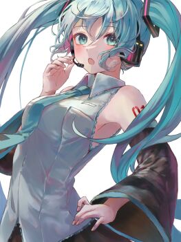 1girl aqua_eyes aqua_hair aqua_necktie aqua_trim arm_tattoo armpits black_skirt blush breasts collared_shirt detached_sleeves grey_shirt hair_between_eyes hair_ornament hatsune_miku headset highres long_hair long_sleeves looking_at_viewer medium_breasts necktie number_tattoo open_mouth shirt simple_background skirt sleeveless sleeveless_shirt solo tattoo twintails very_long_hair vocaloid white_background yuzu_collar