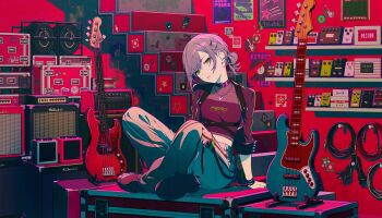 1girl amplifier bass_guitar black_choker black_shirt black_shoes choker colorful_palette fender_jazz_bass find_the_dream_view_(project_sekai) full_body game_cg green_eyes grey_hair grey_pants hair_ornament hairclip highres hinomori_shiho instrument jewelry looking_at_viewer necklace official_alternate_costume official_alternate_hairstyle official_art pants poster_(object) project_sekai shirt shoes short_hair solo star_(symbol) strapless third-party_source tube_top x_hair_ornament