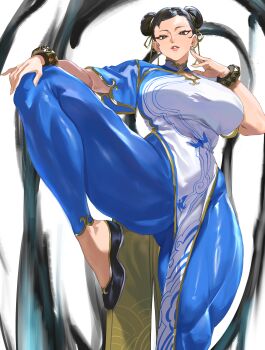1girl absurdres ass black_hair black_shoes blue_bodysuit blue_pants bodysuit bracelet breasts brown_eyes bun_cover capcom china_dress chinese_clothes chun-li cleavage_cutout clothing_cutout commentary_request double_bun dress earrings fighting_stance foot_out_of_frame gold_ribbon gold_trim hair_bun hair_ribbon hand_on_own_knee highres jewelry large_breasts leg_up lipgloss lips looking_at_viewer muscular muscular_female pants parted_lips pearl_earrings pelvic_curtain pink_lips ribbon shoes short_sleeves solo street_fighter street_fighter_6 taiyang_yu thick_thighs thighs tight_clothes tight_pants white_background yellow_ribbon