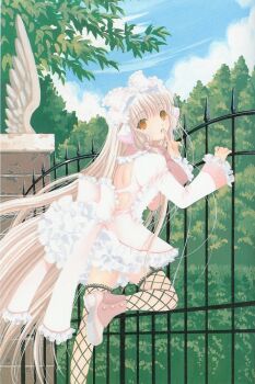 00s 1girl angel_wings back blonde_hair brown_eyes chii chobits clamp clamp_(circle) female_focus finger_to_mouth fishnet_thighhighs fishnets frilled_sleeves frills gate hair_ribbon hair_tubes lolita_fashion long_hair long_sleeves low-tied_sidelocks official_art orange_eyes ribbon robot_ears shoes sidelocks solo standing standing_on_one_leg thighhighs very_long_hair wide_sleeves wings zettai_ryouiki