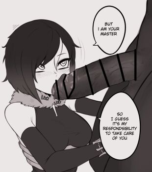 1boy 1girl bar_censor blush bone censored chikaretsu elbow_gloves english_text fellatio fur_collar gloves hetero highres leotard licking monochrome necromancer_girl_(chikaretsu) oral original penis short_hair smegma sweat twitching_penis zombie