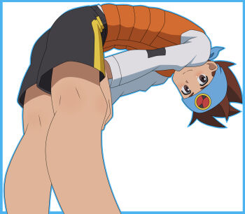 artist_request bandana bare_legs bent_over blush brown_hair capcom child jacket lan_hikari_(mega_man) leg_focus legs male_focus mega_man_(series) mega_man_battle_network mega_man_battle_network_(series) bad_tag shorts smile solo