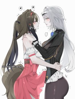 2girls absurdres after_kiss animal_ear_fluff animal_ears armband ass bare_shoulders black_pantyhose blue_flower blue_rose blush bodystocking boutonniere breast_press breasts brown_hair brown_tail commentary droopy_ears english_commentary erection eye_contact flower flower_on_chest frilled_armband frilled_shirt frilled_shirt_collar frills futa_with_female futanari grey_hair hair_ornament hairband hairpin hands_on_another's_back hands_on_another's_shoulders heart heart-shaped_pupils high-waist_skirt highres large_breasts long_skirt looking_at_another multiple_girls official_alternate_costume pantyhose parted_lips patreon_username penis red_eyes red_hairband red_skirt rose saliva saliva_trail seamed_legwear seol_(baconontheclock) shirt simple_background skirt spoken_heart symbol-shaped_pupils twitching_penis white_armband white_background white_shirt ye_shunguang ye_shunguang_(touch_of_dawnlight) yellow_eyes yixuan_(trails_of_ink)_(zenless_zone_zero) yixuan_(zenless_zone_zero) zenless_zone_zero