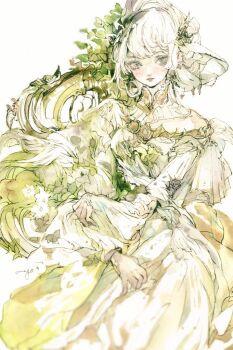 1girl 7na5go collar commentary_request detached_collar dress earrings flower frilled_collar frills green_theme grey_eyes jewelry leaf lineart long_dress long_sleeves original short_hair sitting solo white_dress white_hair