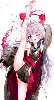 1girl ;d a1u absurdres bandaged_leg bandages bell black_kimono blue_archive breasts commentary gauze gauze_on_cheek grey_hair halo highres japanese_clothes jingle_bell kimono leg_up long_hair md5_mismatch one_eye_closed open_mouth pink_eyes pointy_ears red_halo revision shuro_(blue_archive) sideless_outfit simple_background small_breasts smile solo split standing standing_on_one_leg standing_split teeth upper_teeth_only white_background