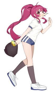 1girl ahoge black_socks blue_shorts blue_trim breasts brown_eyes commentary food food_in_mouth from_side full_body gym_uniform hair_intakes hand_up highres ice_cream keibi_inu kneehighs long_hair looking_down ponytail popsicle popsicle_in_mouth purple_hair shirt shoes short_shorts shorts simple_background small_breasts sneakers socks solo sugiura_ayano t-shirt thighs white_background white_shirt yuruyuri