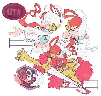 1girl absurdres asymmetrical_bangs blue_sleeves blush bracelet cape character_name closed_eyes commentary detached_sleeves dress fur_cape grin hair_rings headphones highres holding holding_weapon jewelry long_hair multicolored_hair multiple_views one_piece one_piece_film:_red outstretched_arms purple_eyes red_cape red_hair shunut_(shewnut_) sidelocks single_detached_sleeve smile symbol-only_commentary two-tone_hair uta_(one_piece) weapon white_dress white_hair