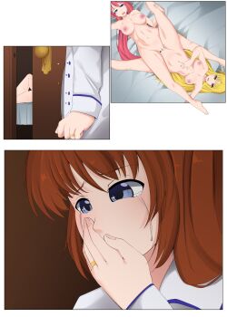 2girls absurdres blonde_hair blue_eyes blush breasts brown_hair fate_testarossa hair_ribbon highres large_breasts long_hair lyrical_nanoha multiple_girls multiple_views navel neovixtadiz netorare nipples nude open_mouth pink_hair ponytail pussy pussy_juice red_eyes ribbon signum smile takamachi_nanoha tears tribadism yuri