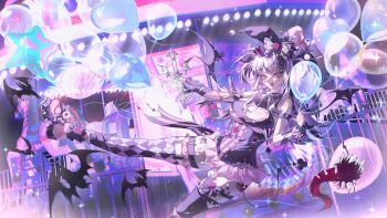 1girl balloon barbed_tongue bat_(animal) bat_wings black_leotard black_streaks boots breasts cleavage cleavage_cutout clothing_cutout commentary ear_piercing english_commentary hair_ornament hair_sprinkles hat heart_cutout highres holding holding_balloon indie_virtual_youtuber jester_cap large_breasts leotard long_hair long_tongue looking_at_viewer microskirt multicolored_hair open_mouth parted_bangs piercing pink_boots pink_skirt platform_boots pointy_ears purple_eyes purple_hair purple_thighhighs second-party_source sharp_teeth skirt smile solo spikes sprinkle_hershy sprinkles streaked_hair teeth thigh_strap thighhighs tongue tongue_out torn_wings two_side_up virtual_youtuber wings yamiiko