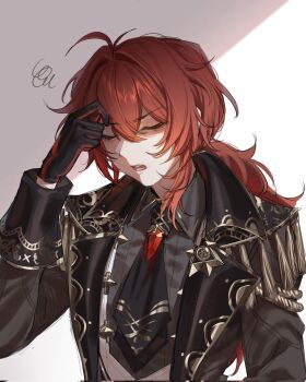 1boy black_gloves closed_eyes commentary_request diluc_(genshin_impact) genshin_impact gloves hair_between_eyes highres long_hair male_focus open_mouth red_eyes red_hair simple_background solo teeth upper_body zehuij