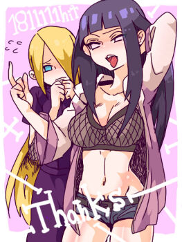 arm_up black_hair blonde_hair blue_eyes breasts chikuri cleavage hair_over_one_eye hyuuga_hinata jacket long_hair middle_finger midriff naruto:_road_to_ninja naruto_(series) naruto_shippuuden navel open_clothes open_jacket open_mouth short_shorts shorts standing very_long_hair yamanaka_ino