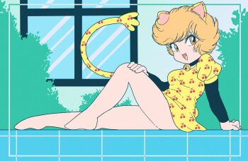 1girl animal_ears bare_legs barefoot bell black_choker black_shirt blonde_hair breasts bush cat_ears cat_girl cat_tail cherry_print choker commentary dress fangs food_print from_side fruit_print full_body hand_on_own_thigh highres jingle_bell knee_up layered_sleeves long_sleeves looking_at_viewer looking_to_the_side medium_breasts neck_bell nka_46 open_mouth outdoors print_dress puffy_short_sleeves puffy_sleeves sham_cat sham_cat_(character) shirt short_dress short_hair short_over_long_sleeves short_sleeves sitting smile solo tail tail_raised turning_head unmoving_pattern yellow_dress yellow_eyes