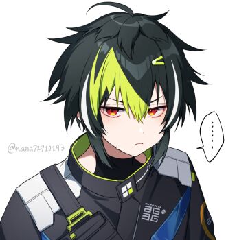 ... 1boy ahoge black_hair black_jumpsuit black_shirt commentary_request frown green_hair inami_rai inami_rai_(1st_costume) jumpsuit looking_at_viewer male_focus multicolored_hair nana72710193 nijisanji red_eyes shirt simple_background solo spoken_ellipsis streaked_hair twitter_username unamused upper_body virtual_youtuber white_background