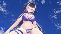1girl 3d ahoge animal_ears animated bikini blue_eyes blush bouncing_breasts breasts cat_ears cat_girl cleavage dancing from_below indie_virtual_youtuber large_breasts leg_strap long_hair markings navel orca orca_girl shylily sky smile solo stomach striped_bikini striped_clothes swimsuit thick_thighs thighs video virtual_youtuber