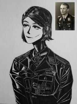 1girl black_jacket black_lips bob_cut bordfunker133 closed_mouth collar_tabs commentary_request cross dress_shirt expressionless facial_scar genderswap genderswap_(mtf) greyscale hair_behind_ear hair_ornament hairpin highres iron_cross jacket johannes_steinhoff lipstick looking_ahead luftwaffe makeup military military_uniform monochrome nazi original photo_(medium) photo_inset real_life reichsadler scar scar_on_cheek scar_on_face shirt short_hair shoulder_boards simple_background solo steinhoff-chan_(bordfunker133) swastika upper_body