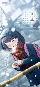 1girl absurdres backpack bag black_hair black_jacket blush breath calendar_(medium) closed_eyes commentary_request dutch_angle fangs fukumaru_koito highres hood hooded_jacket idolmaster idolmaster_shiny_colors jacket long_sleeves official_art open_mouth pink_bag plaid_clothes plaid_scarf red_scarf scarf skin_fangs snow snowing solo swept_bangs translation_request