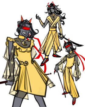 Rule 34 | 2girls, adapted costume, bare shoulders, black hair, blindfold, bracer, cane, colored blindfold, colored skin, commentary, crescent, crescent necklace, dress, english commentary, full body, gold, gold bracer, gold necklace, grey skin, grin, highres, holding, holding cane, holding sword, holding weapon, homestuck, horns, jewelry, long hair, long sleeves, looking at viewer, multiple girls, multiple views, necklace, no mouth, pants, puffy pants, red horns, see-through clothes, see-through sleeves, shirt, short hair, simple background, smile, standing, sword, teardew, terezi pyrope, troll (homestuck), vriska serket, weapon, white background, wrap top, yellow dress, yellow pants, yellow shirt, yellow theme