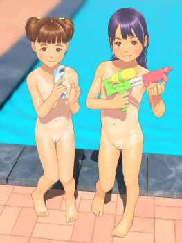2girls barefoot blunt_bangs blush breasts brown_eyes brown_hair cleft_of_venus completely_nude feet flat_chest full_body hair_bobbles hair_ornament holding holding_water_gun ika_ringo loli looking_at_viewer medium_hair multiple_girls navel nipples nude one-piece_tan original parted_lips pool poolside pussy short_hair small_breasts smile standing tan tanline thigh_gap toenails toes uncensored water water_gun
