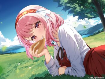 1girl absurdres black_ribbon blue_sky blush bread breasts cloud commentary dress eating english_commentary fire_emblem fire_emblem_engage food food_in_mouth grass hair_ribbon hairband highres holding holding_food lake lapis_(fire_emblem) loaf_of_bread long_sleeves looking_at_viewer lying mountainous_horizon multicolored_hairband neck_ribbon nintendo on_back on_stomach open_mouth outdoors pink_eyes pink_hair red_dress red_eyes red_hairband red_skirt ribbon ryo-suzuki shirt short_hair skirt sky small_breasts smile solo teeth tree two-tone_hairband water white_ribbon white_shirt
