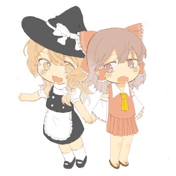 2girls absurdres ankle_socks annoyed apron ascot bare_arms bare_legs bare_shoulders black_hat black_shoes black_skirt black_vest blonde_hair bow braid brown_eyes brown_hair brown_sandals buttons chibi chinese_commentary collared_shirt commentary_request detached_sleeves fang frilled_apron frilled_bow frilled_hair_tubes frills hair_bow hair_tubes hakurei_reimu happy hat hat_bow high_collar highres holding_hands kirisame_marisa large_bow light_blush long_hair long_sleeves looking_at_another mary_janes medium_hair miaoliang01075 miniskirt multiple_girls no_socks open_mouth outstretched_arm pleated_skirt puffy_short_sleeves puffy_sleeves red_bow red_vest ribbon-trimmed_sleeves ribbon_trim sandals shirt shoes short_sleeves side_braid simple_background single_braid skin_fang skirt skirt_set sleeveless sleeveless_shirt smile socks standing tareme touhou vest waist_apron wavy_hair white_apron white_background white_bow white_shirt white_sleeves white_socks wide_sleeves witch_hat yellow_ascot yellow_eyes